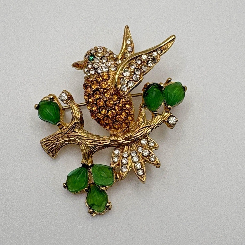 Vintage Hummingbird Brooch Rhinestone Lucite Yellow Green